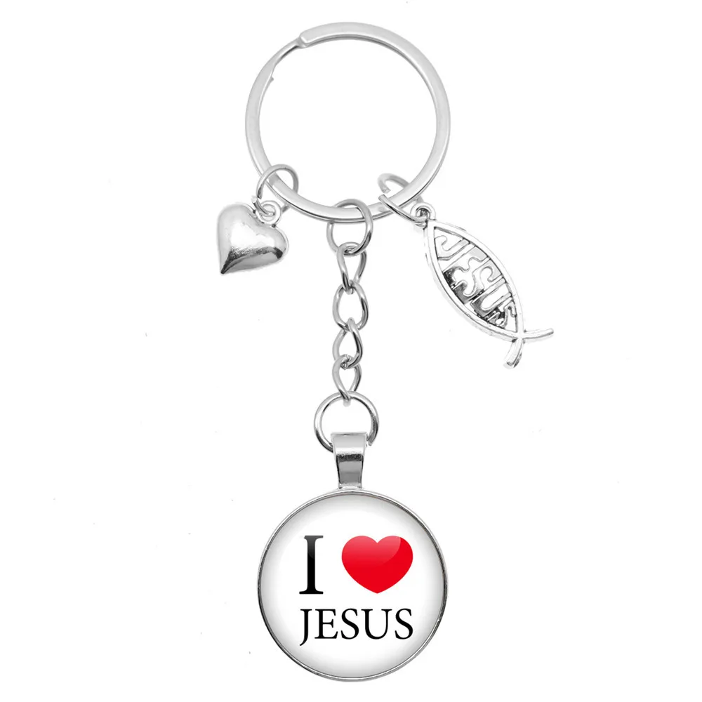 I Love Jesus Charms Creative Keychain Holder Handmade Glass Cabochon Pendant Charms Keychain Religious Jewelry For Friend