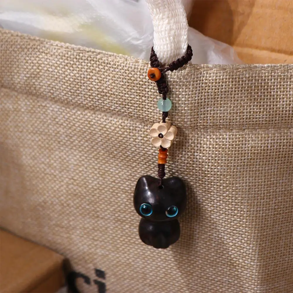 Decoration Car Key Charms Hand-woven Short Lanyard Sandalwood Key Chain Key Chain Strap Lucky Cat Pendant Mobile Phone Ring