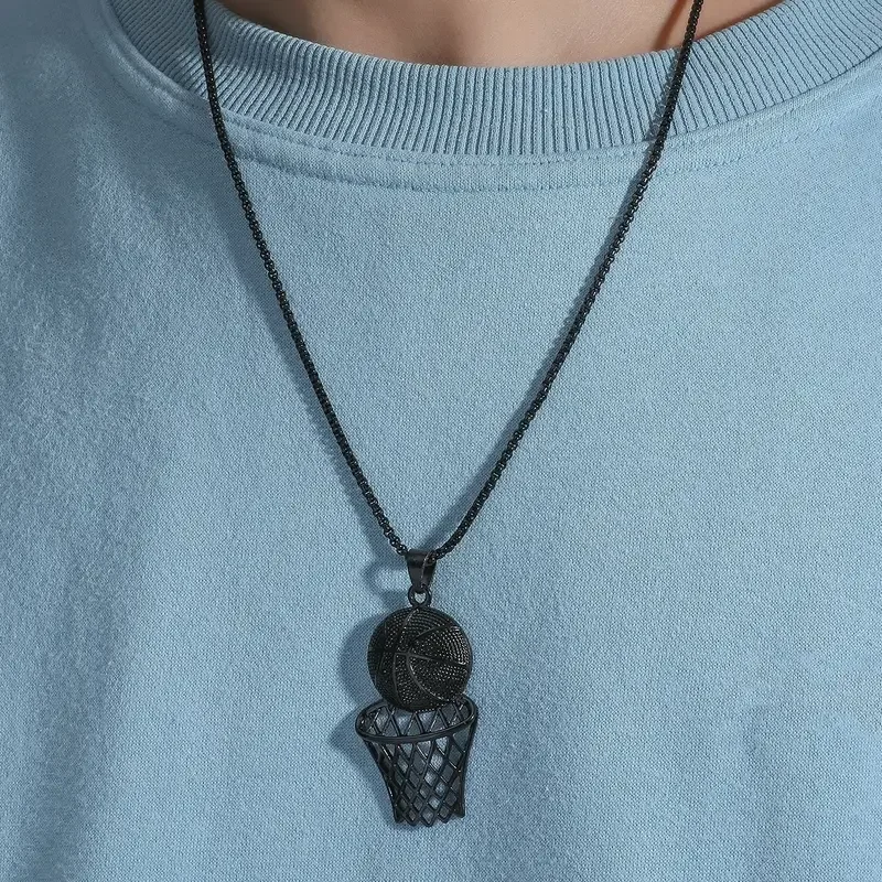 Hip Hop Basketball Hoop and Ball Pendant Necklace Sport Black Basketball Necklaces For Men Boys Jewelry