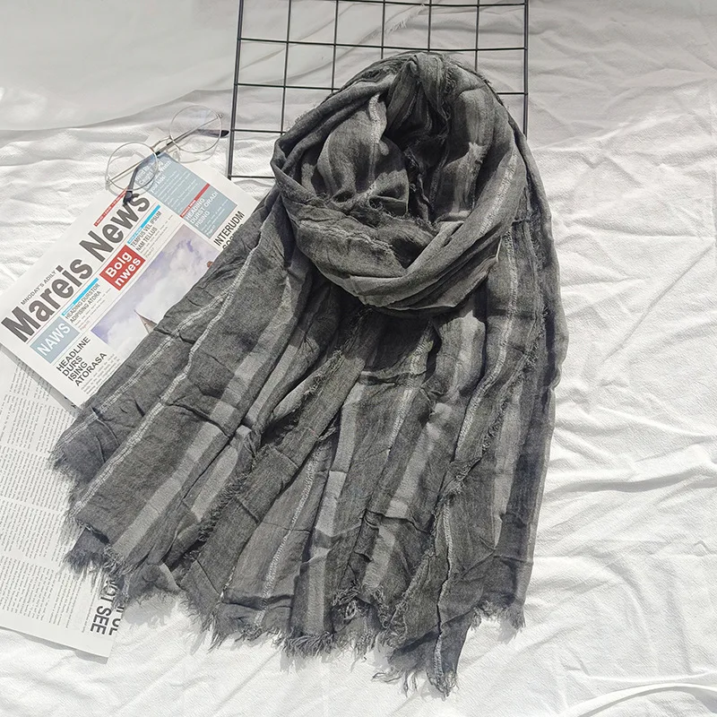 Bufanda de lino y algodón Retro Sle para mujer, diseño de rayas arrugadas, punzón versátil coreano japonés, accesorio cálido para invierno