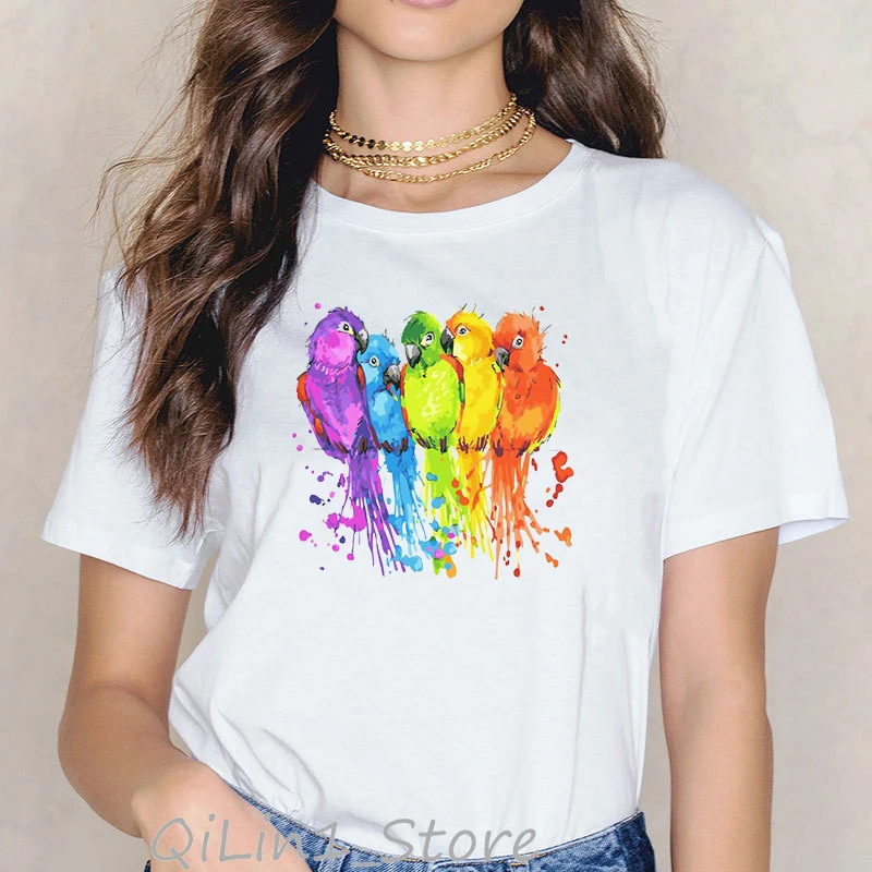 

Watercolor Parrots Print T-Shirt Women Cute Birds Family T Shirt Femme Harajuku Shirt Kawaii Clothes White Funny Tshirt Female