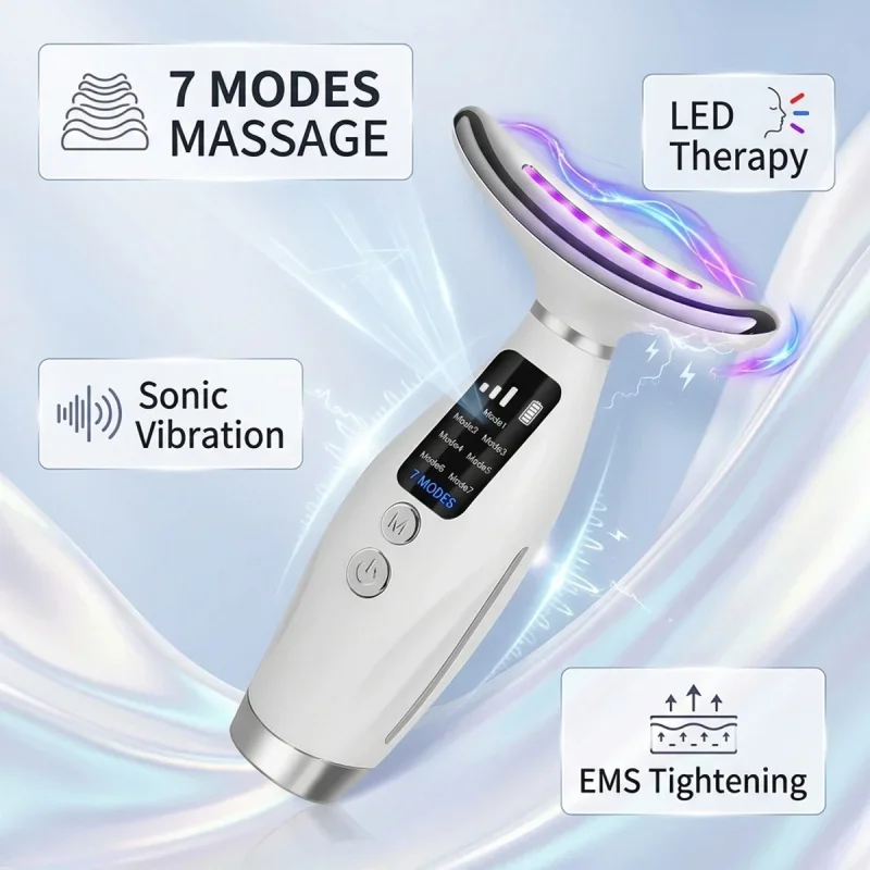 7 Colors LED Photon Therapy Face Neck Beauty Device 7 Modes 3 Levels Vibration Massage Skin Lifting Anti Wrinkle Skin Rejuvenation Machine Home Use Facial Care Tool