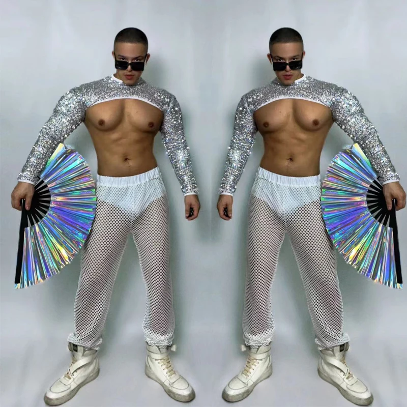 

Muscle Man Pole Dance Clothing Gogo Dance Costume Men Rave Outfit Silver Sequins Top Mesh Pants Bar Dj Ds Stage Clubwear XS5052