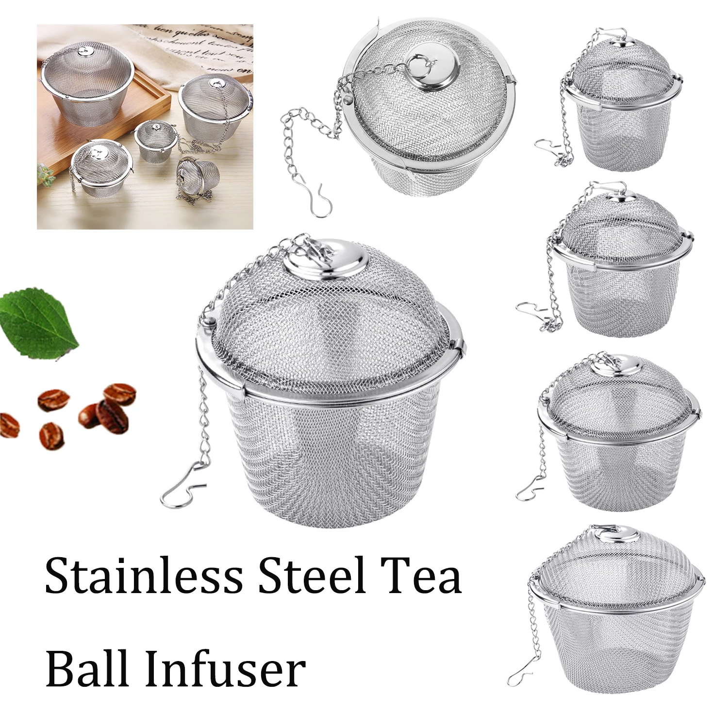 

1pcs Herbal Ball Tea Spice Strainer Silver Reusable Stainles Mesh Teakettle Locking Tea Filter Infuser Spice Kitchen 5 Sizes