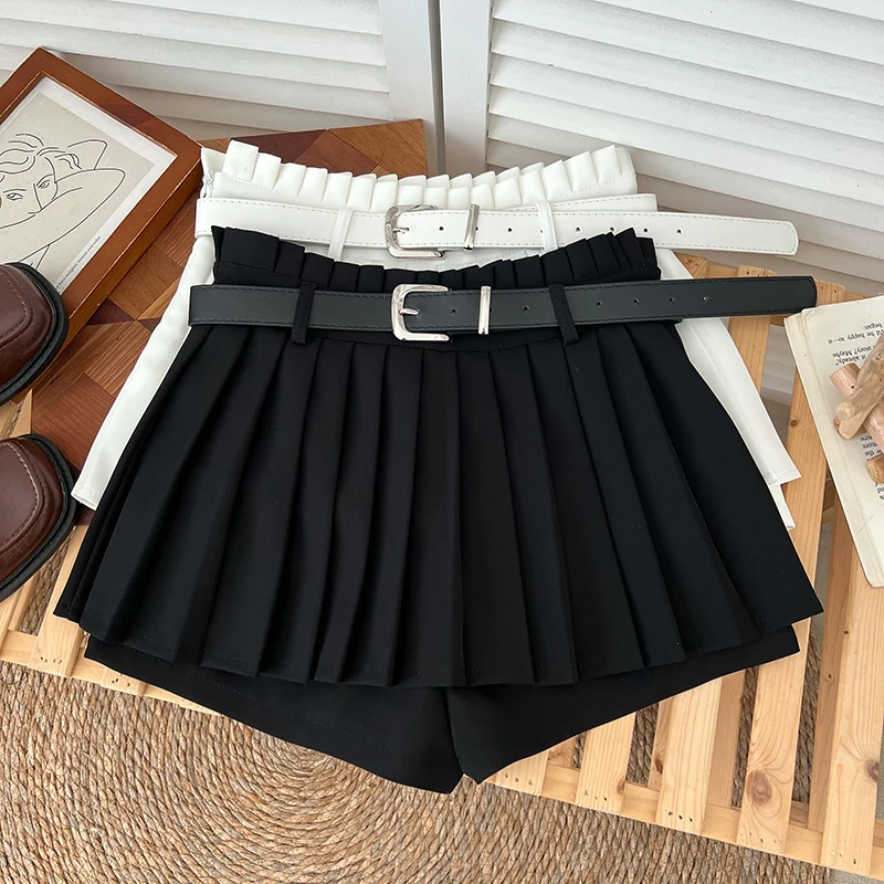 Casual Short Shorts Design Fashionable All-Match Wooden Ear High Waist Slimming A- Line Pleated Pants Skirt Hot Pants with Belt