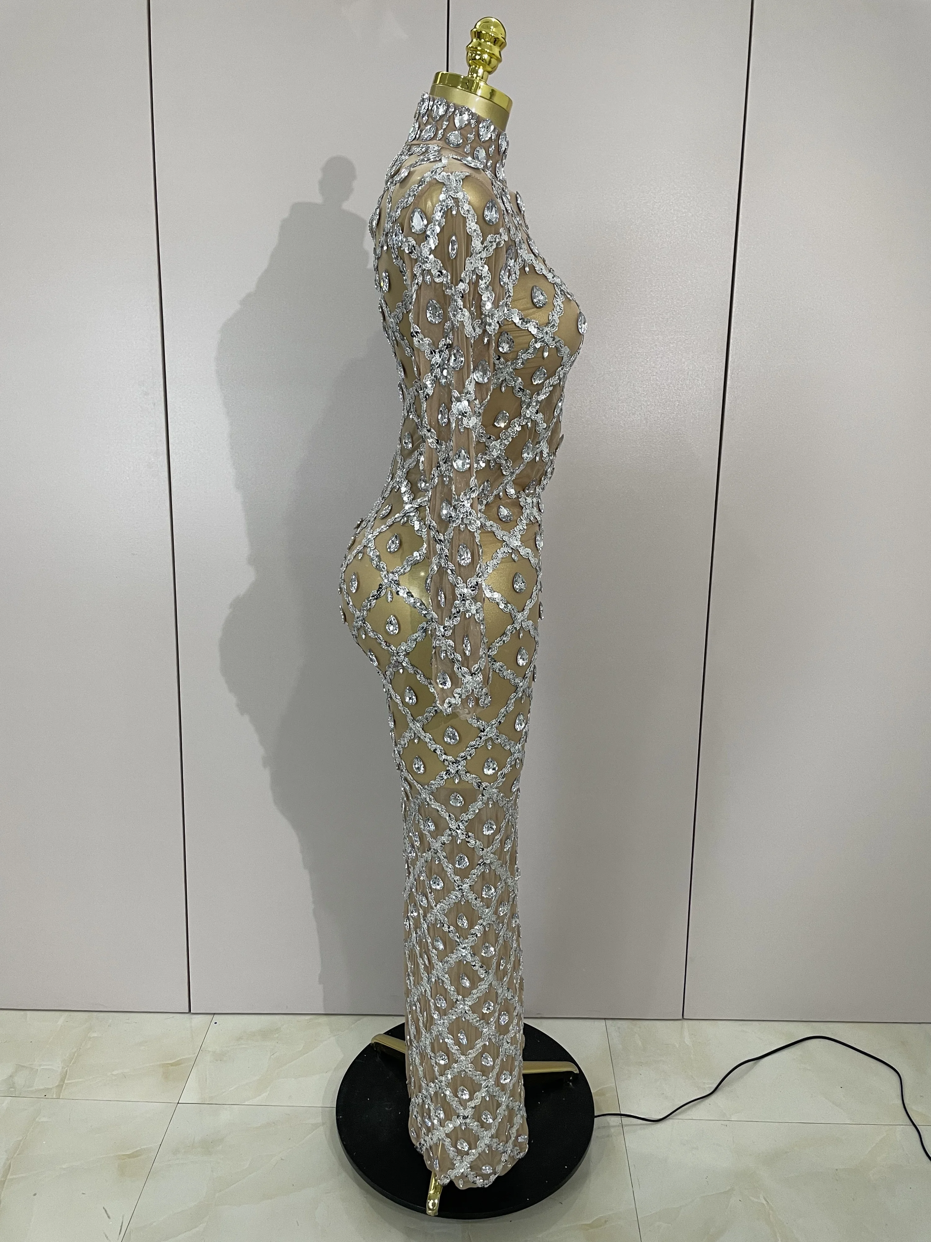 Women Sexy Shining Rhinestone Sequin Long Dress Luxury Birthday Dress Evening Prom Gown Transparent Singer Club Stage Host Dress