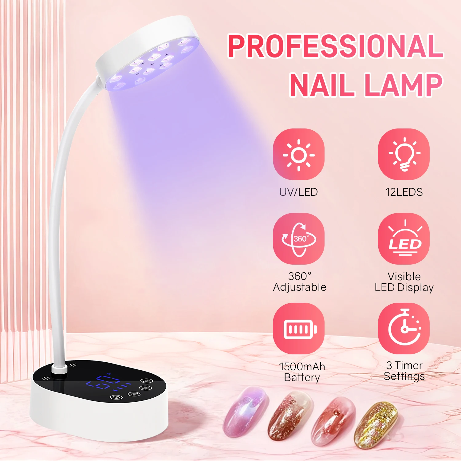 UV LED Nail Lamp Rechargeable UV Light for Gel Nails Cordless Portable Nail Dryer 360°Rotatable Polish Curing Lamp With Battery