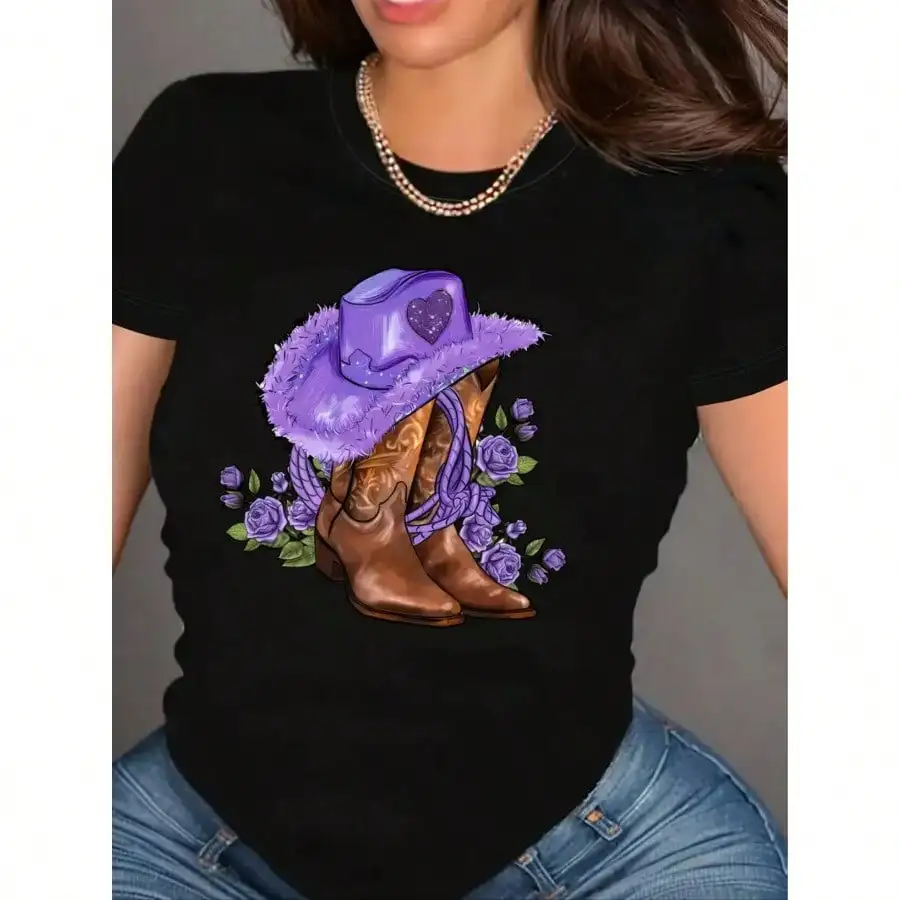 

Женская хлопковая футболка в западном стиле — фиолетовая шляпа, ковбойские сапоги и розы с графическим принтом, повседневный модный топ на все сезоны