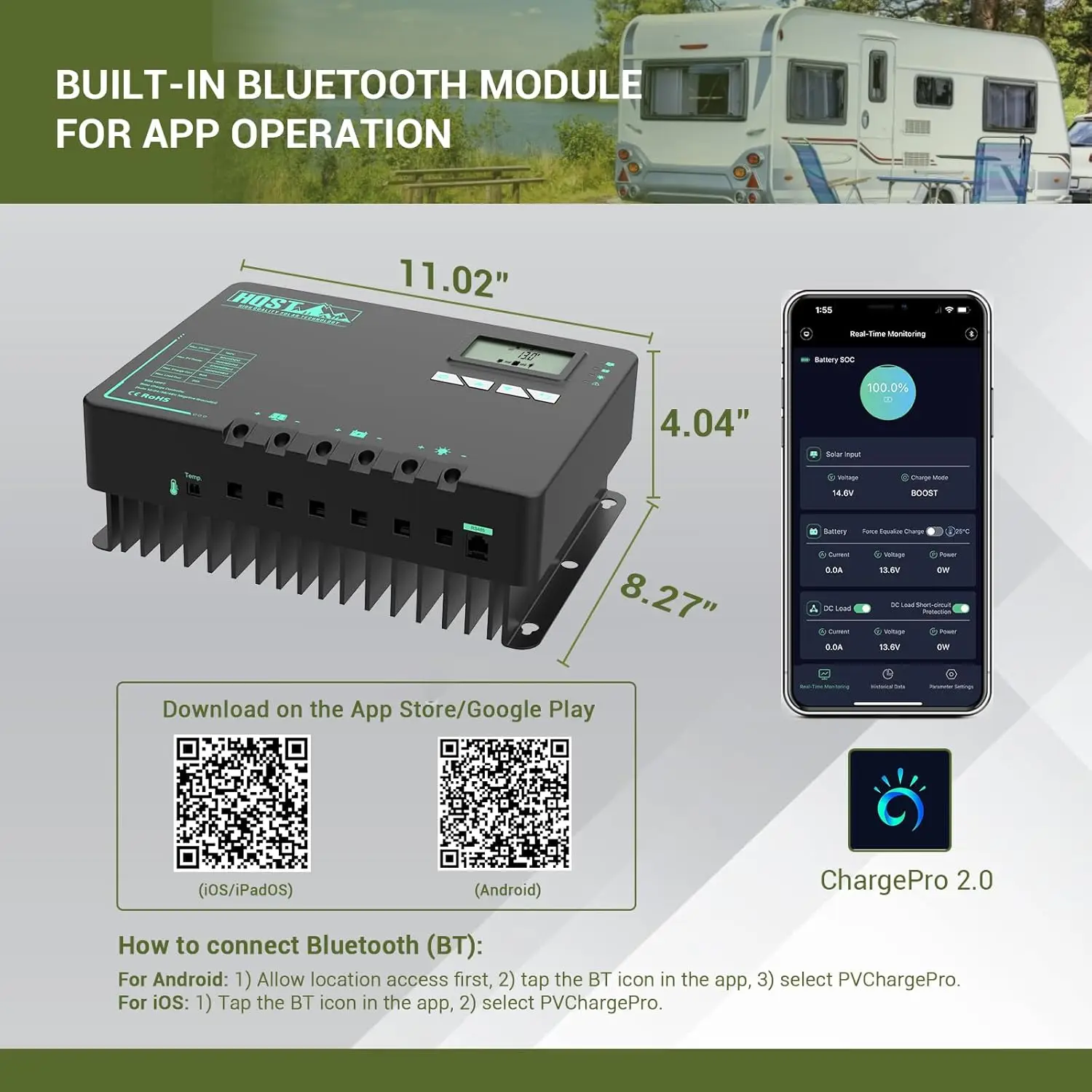 60 Amp MPPT Solar Charge Controller Built-in Bluetooth and Lithium Battery Temperature Protection Function, Support Two