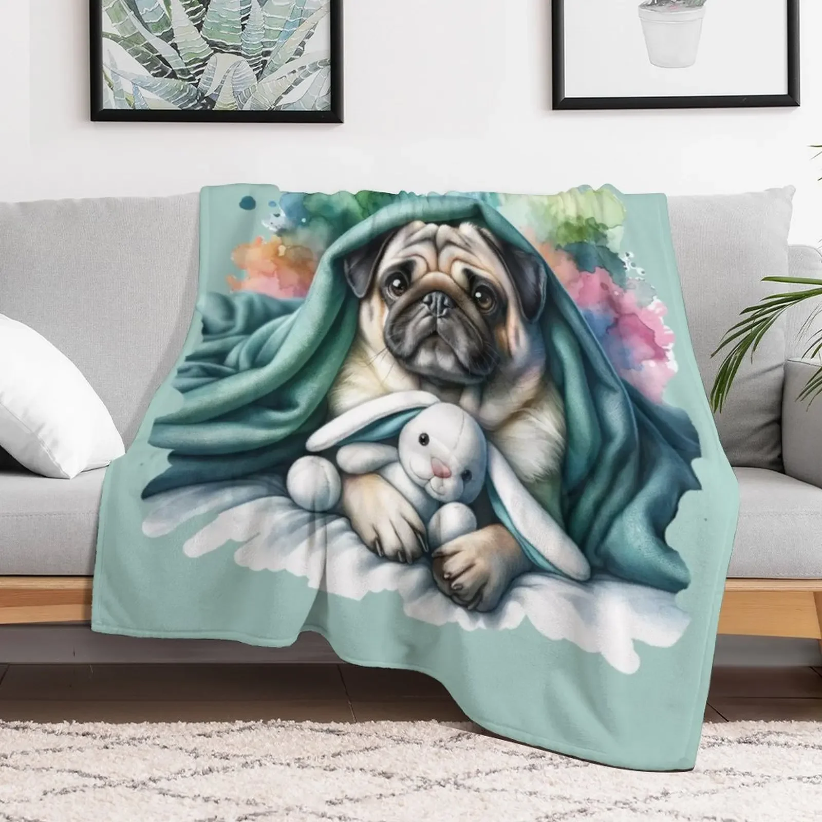 Pug Hugging Stuffed Bunny Throw Blanket Air Conditioner Soft Blanket for Office Home