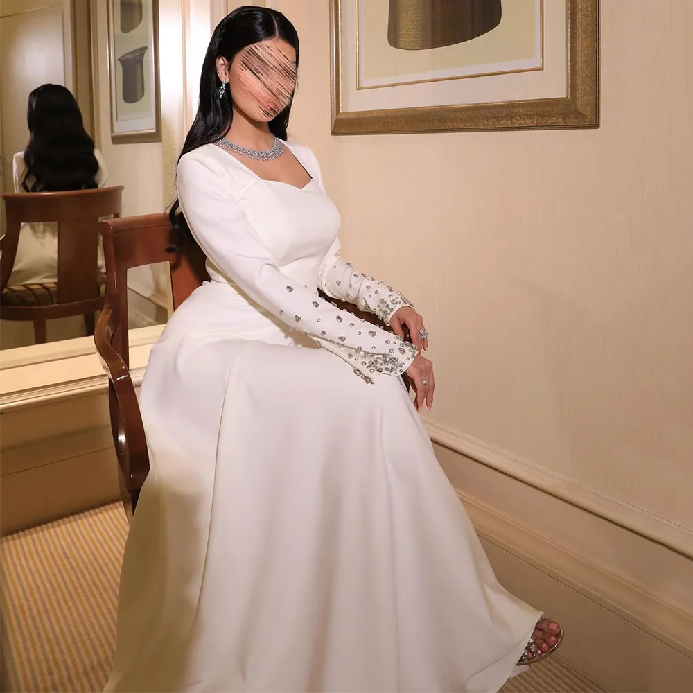 

Elegant Evening Dress Crystal Long Sleeves Sweetheart A Line Modern Evening Gowns for Women 2025 Ivory Wedding Guest Dresses