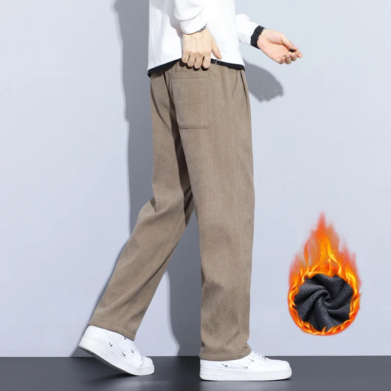 Kaffee Khaki Schwarz Grau Lose Beiläufige Hosen Männer Winter Fleece Thermische Mode Hosen Dicke Samt Gerade Breite Bein Jogginghose