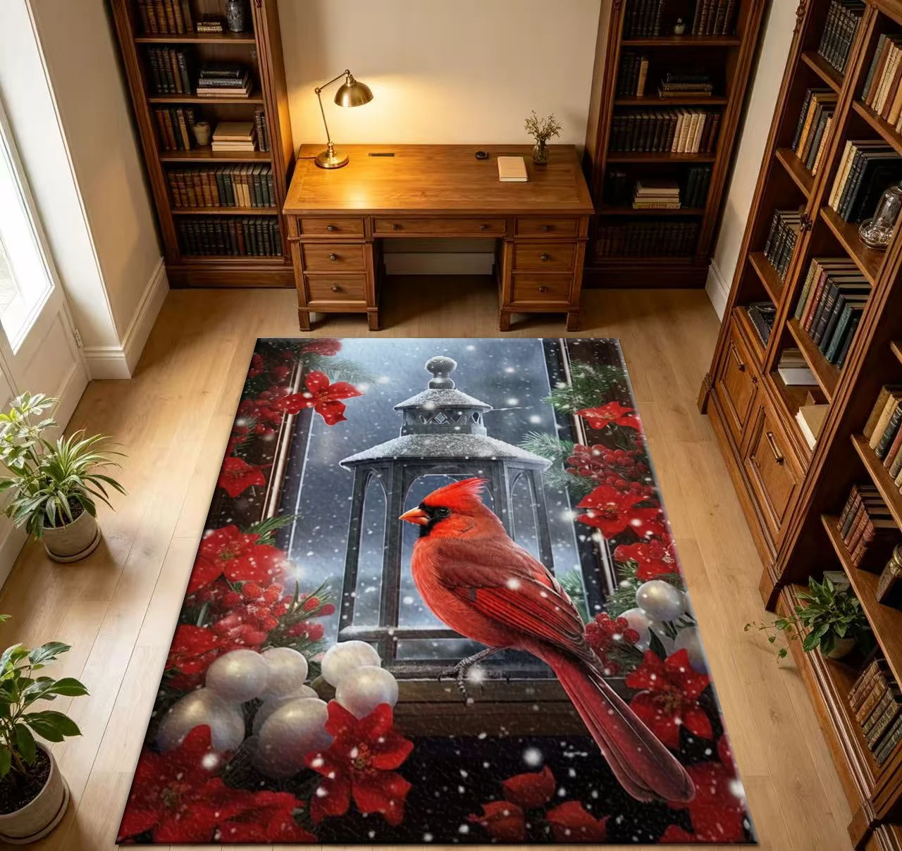 Christmas Red Cardinal Bird Winter Lantern Red Floral Cotton Woven Non-Slip Carpet Home Floor Decoration