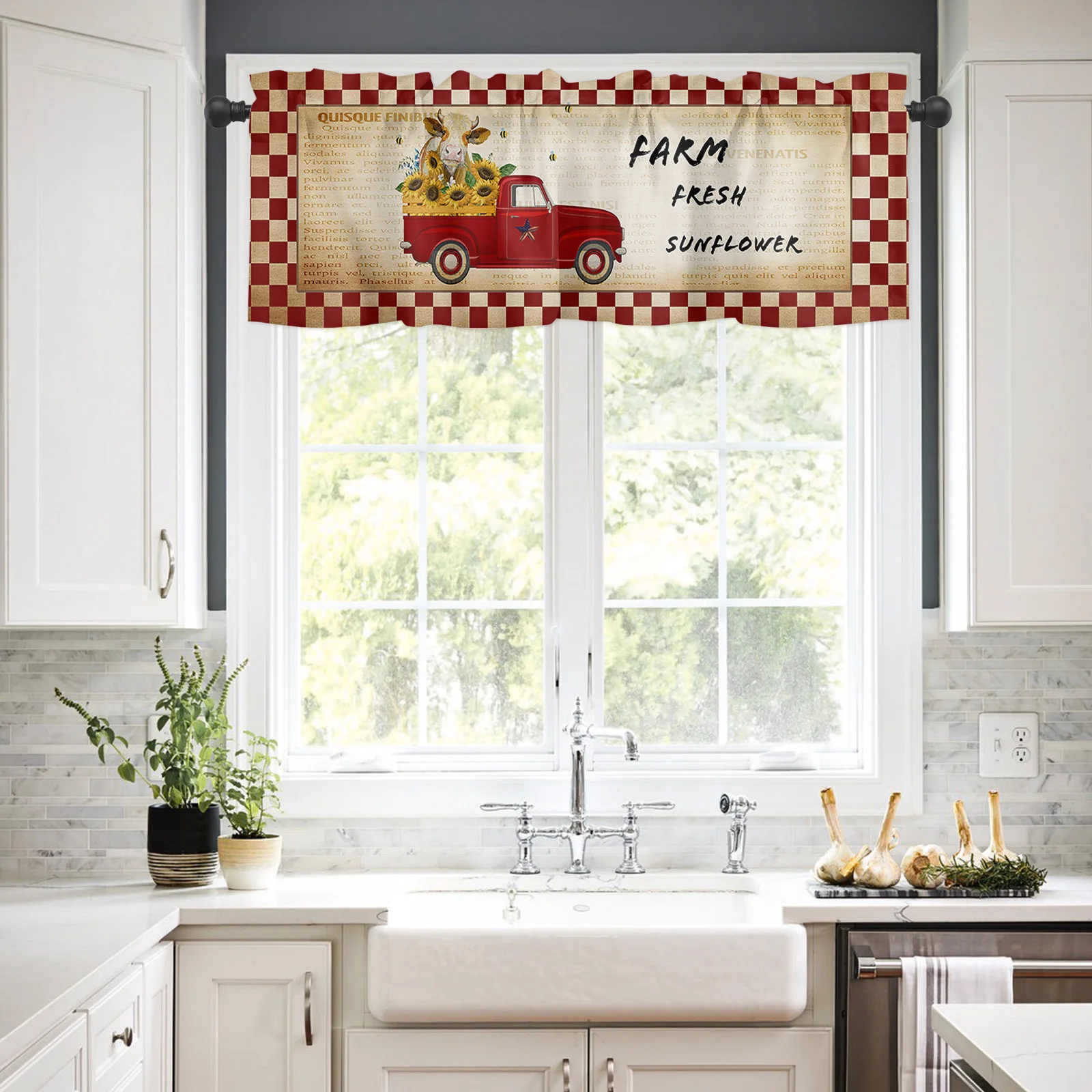 

ZEDLIYU Valances for Windows Kitchen Living Room Small Window Valance Farm Fresh Sunflower Cattle Sunflower on Old Car 1 Panel