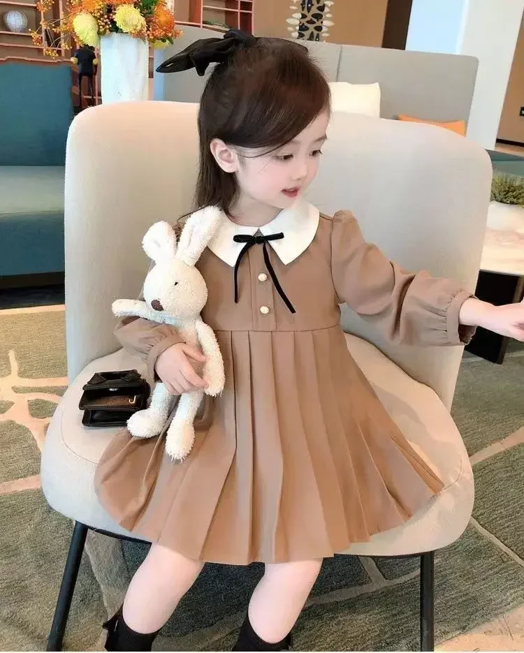 Baby Girls Khaki Pleated Dress Peter Pan Collar Casual Dresses 2024 New Arrival Children Spring Autumn Solid Dress Cute Clothes