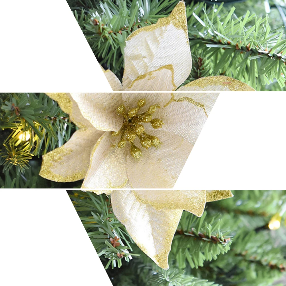 

36Pcs Christmas Flower Cloth Decoration Glitter Lightweight Simulation Ornament for Tree Party Wedding Home DIY Craft