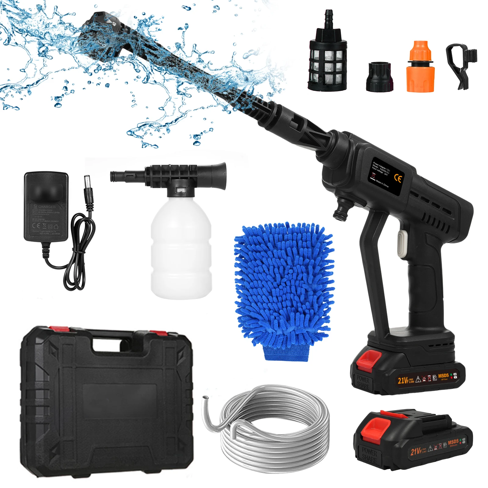 

21V Handheld High-Pressure Washer 6in1 Multiple Injection Modes Toolbox Package Car Washer Gun for Home Floor Cleaning Water