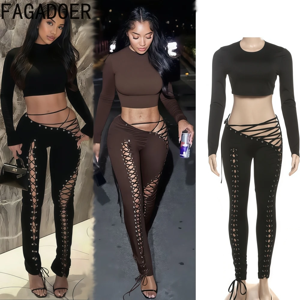 FAGADOER Sexy Bandage Patchwork Woman 2 Piece Set Outfit Solid Color Long Sleeves Crop Top + Pants Midnight Female Streetwear