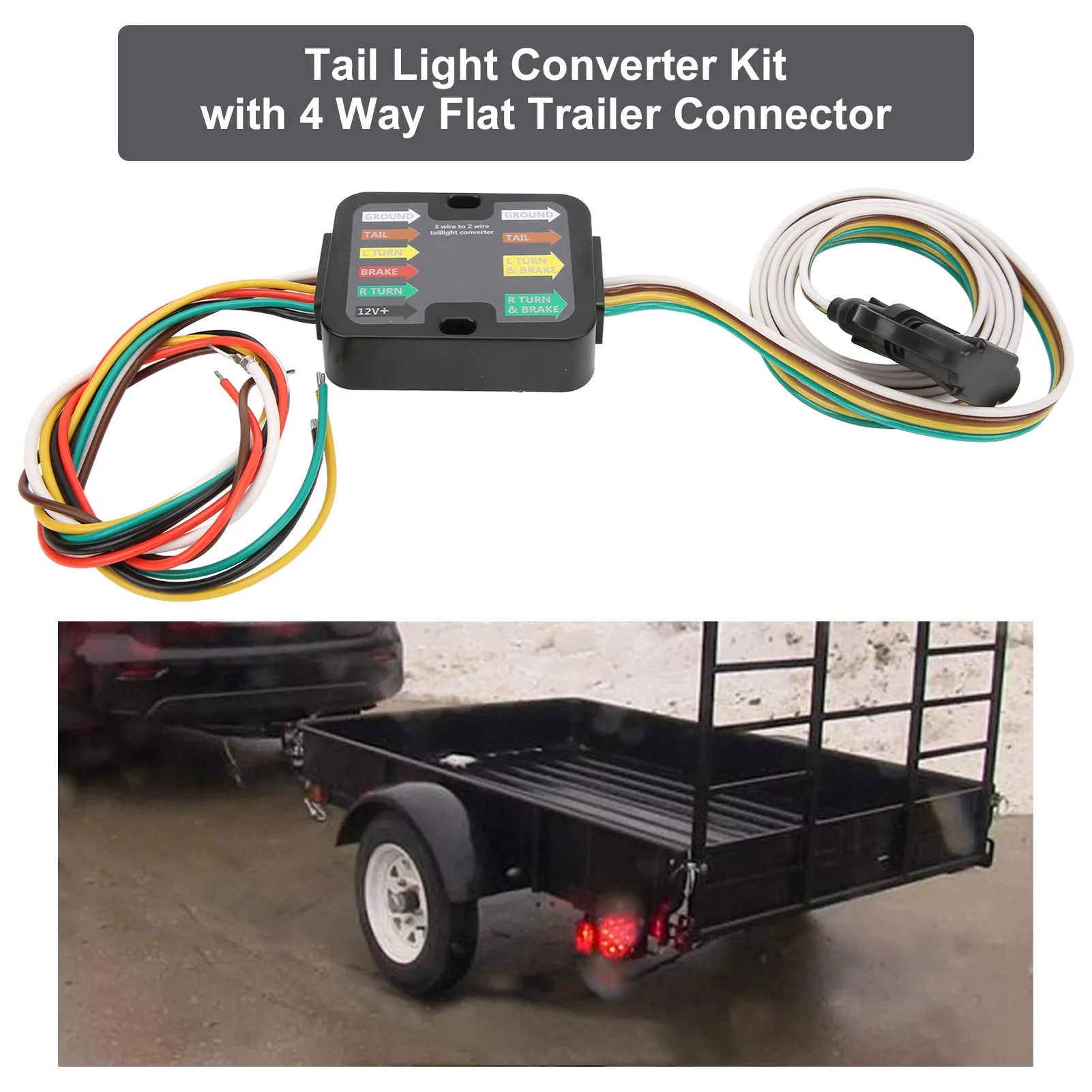 4 Way RV Trailer Wiring Converter, Powered 3 to 2 Wire Trailer Tail Light Converter with 60in Wiring LED Compatible