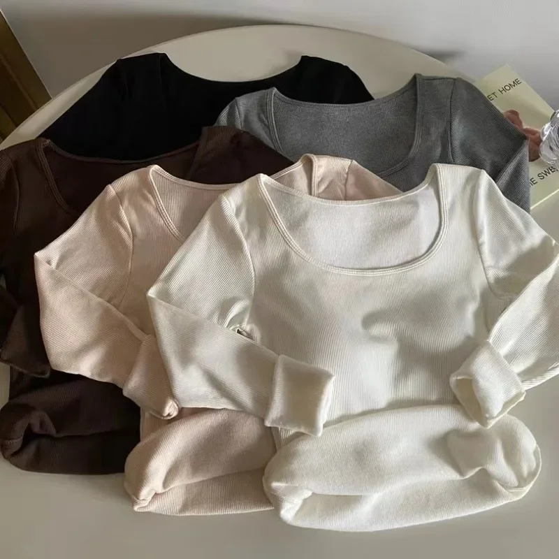 Square Collar Brushed Plus Velvet Thermal Underwear Bottoming Shirt Slim Long-sleeved T-shirt with Chest Pad Autumn and Winter