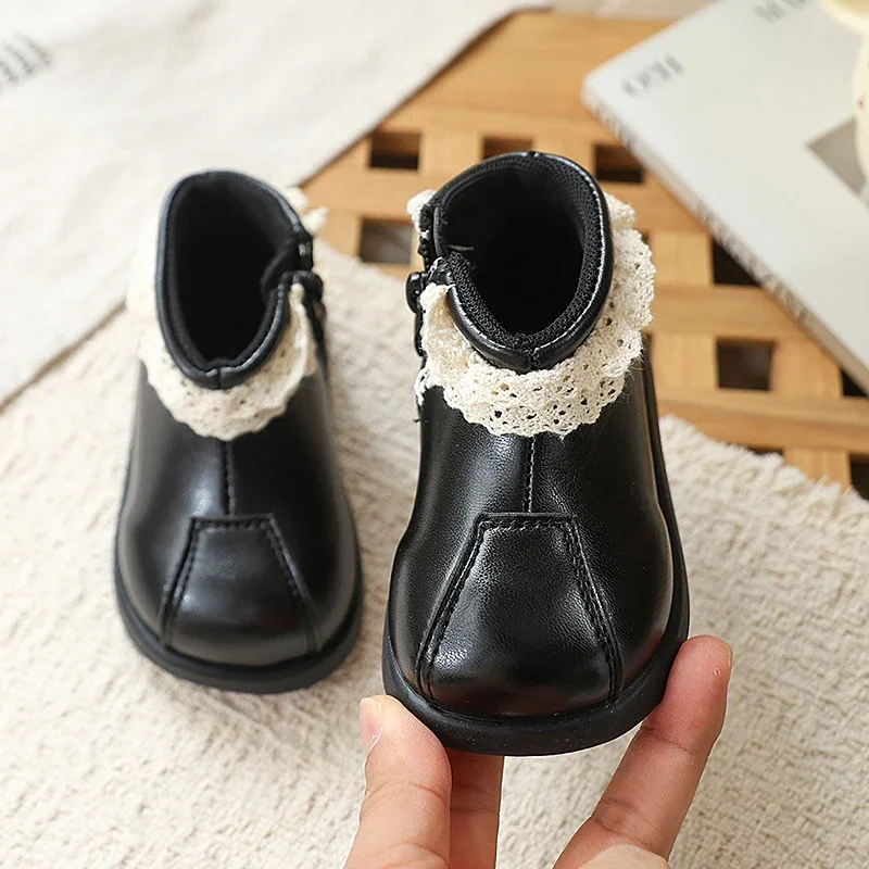 Toddler Girls Lace Trim Ankle Boots, Cute Split Toe Design, Side Zipper, Non Slip Flat Sole, Sweet Boots for Daily Outfits