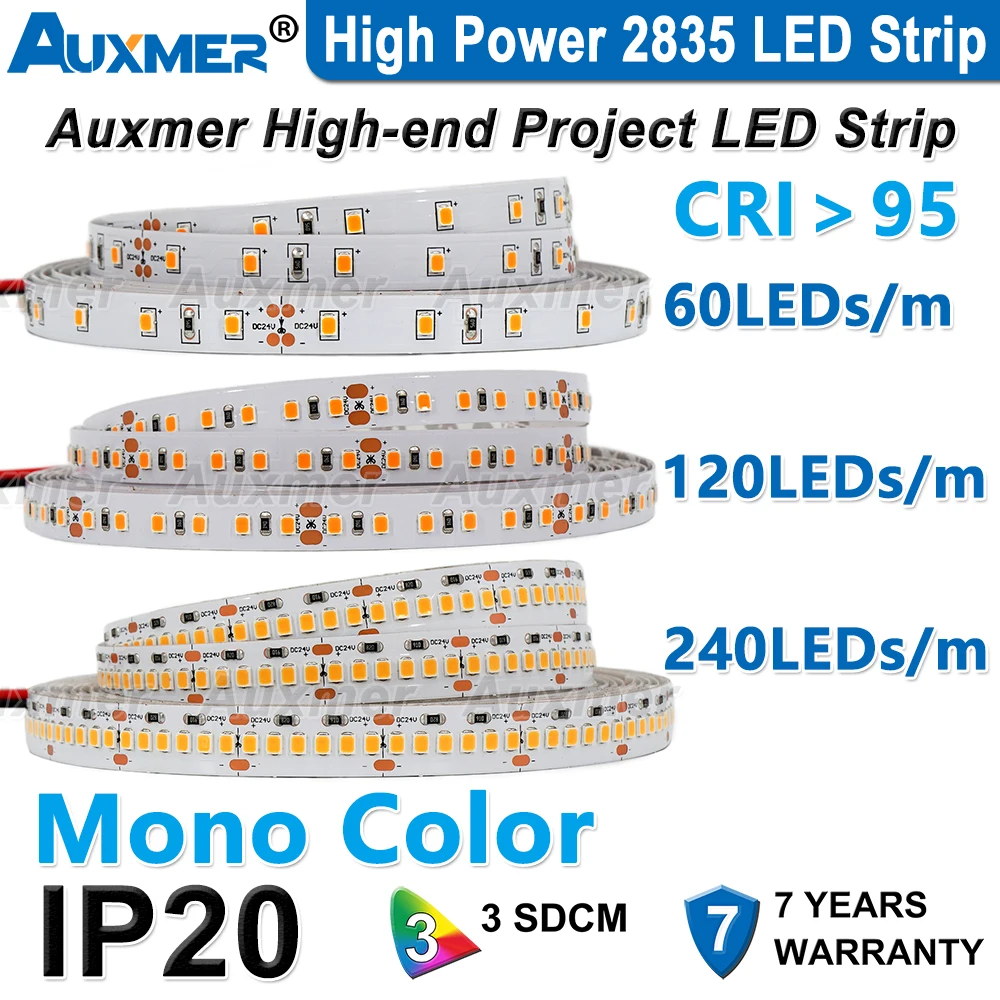 Taśmy LED o dużej mocy 2835, kolor mono, 120 diod LED/m 240 diod/m, CRI>95/90, 3SDCM, super jasna Flex LED DC12/24 V, 5 m/szpula, IP20