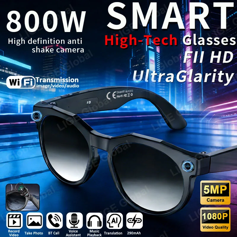 LIGE AI Smart Glasses 5MP Camera 1080P HD Video Recording Translation Sunglasses Bluetooth Call Music Play Color Changing Lenses