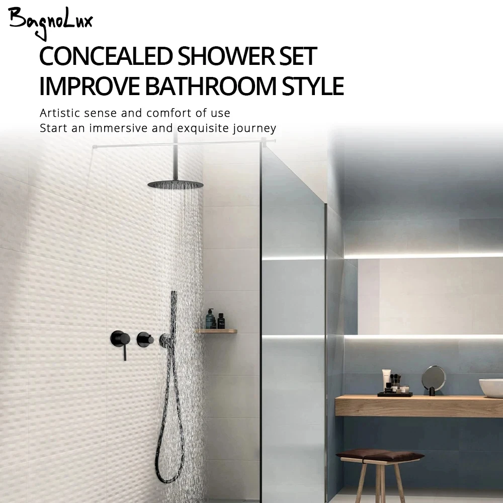 Matte Black Shower Faucet 8-12'' Shower Head Bathroom Recessed Box Shower Tap Ceiling Arm 2 Ways Control Switch Shower Mixer