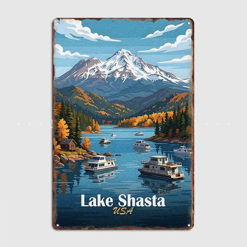 Lake Shasta scenic landscape with boats Poster Metal Sign Bar Custom Bedroom Indoor Home Wall Decor Posters Room Decoration