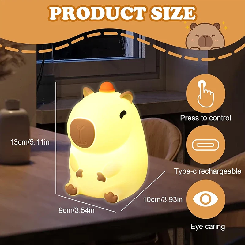 Cute Capybara Night Light Children's Silicone Nightlight Gift USB Rechargeable Animal Touch Bedside Sleep Lamp Decoration