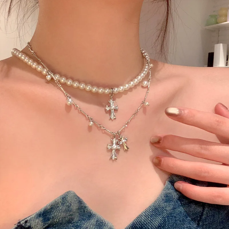Fashion Simulation Pearl Cross Multi-layer Stacked Pendant Necklace for Women Luxury Niche Collarbone Chain Jewelry Accessories