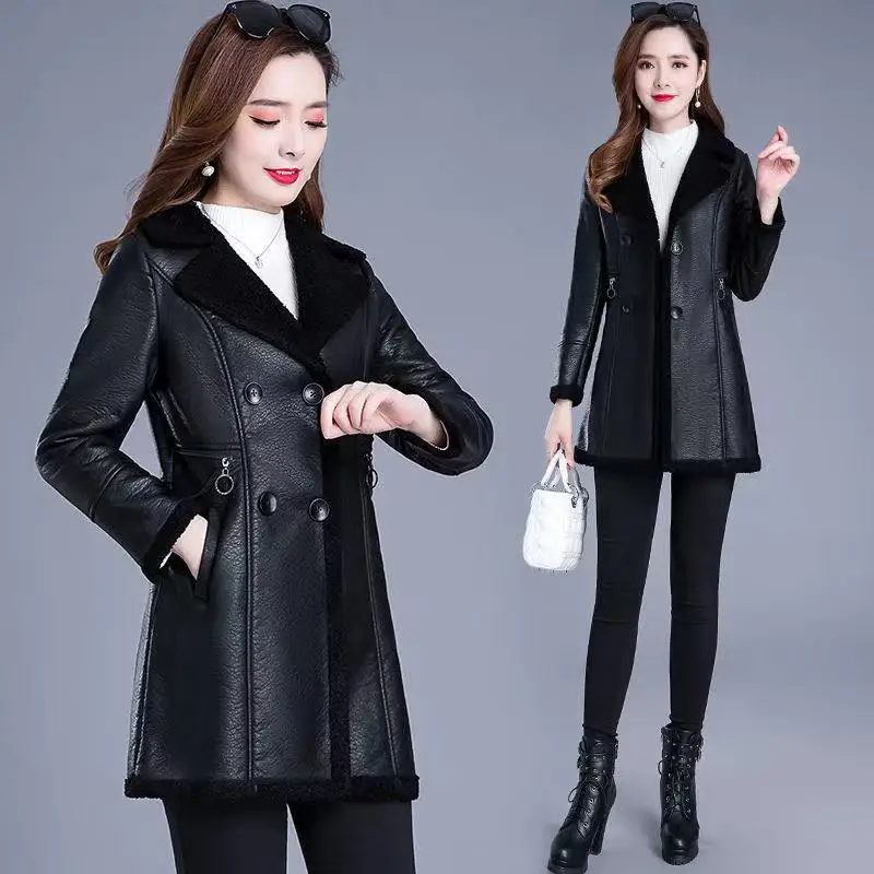 XL-6XL Femmes Veste En Cuir Automne Hiver Mi-Long Faux Cuir Moto Coupe-Vent Manteau Mère Hiver Optique Velours Pardessus