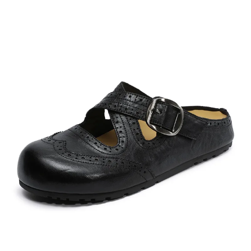 DRKANOL Women Flat Slippers 2026 Summer Genuine Cow Leather Slingback Brogue Shoes Round Toe Solid Color Outside Casual Slides