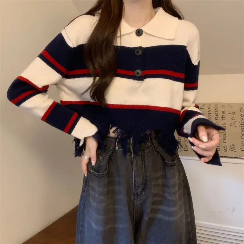 Short Sweater Retro Striped Long Sleeved Knitted Design Niche Short Style Tassel Slimming Top