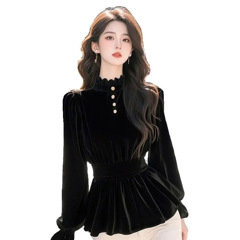 

Waist Doll Shirt Puff Sleeve Top French Long-sleeved Gold Velvet Base Shirt for Women with Autumn and Winter