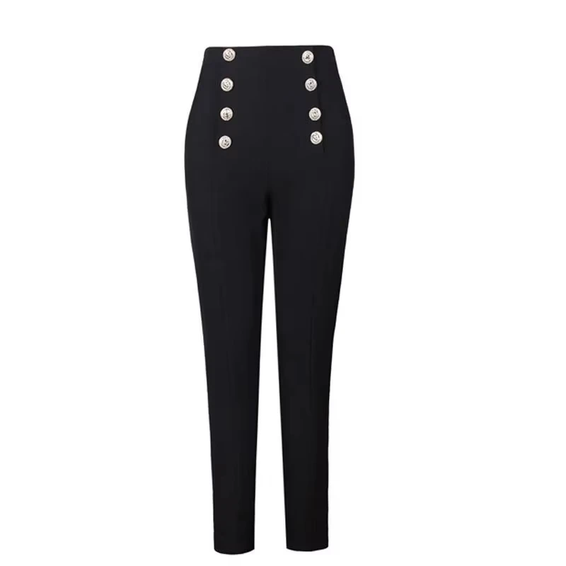 

2023 Hot Selling Popular Style Elegant Women Solid Color Black & White Buttons Slim Penci Pants All-match Ankle-Length Capris