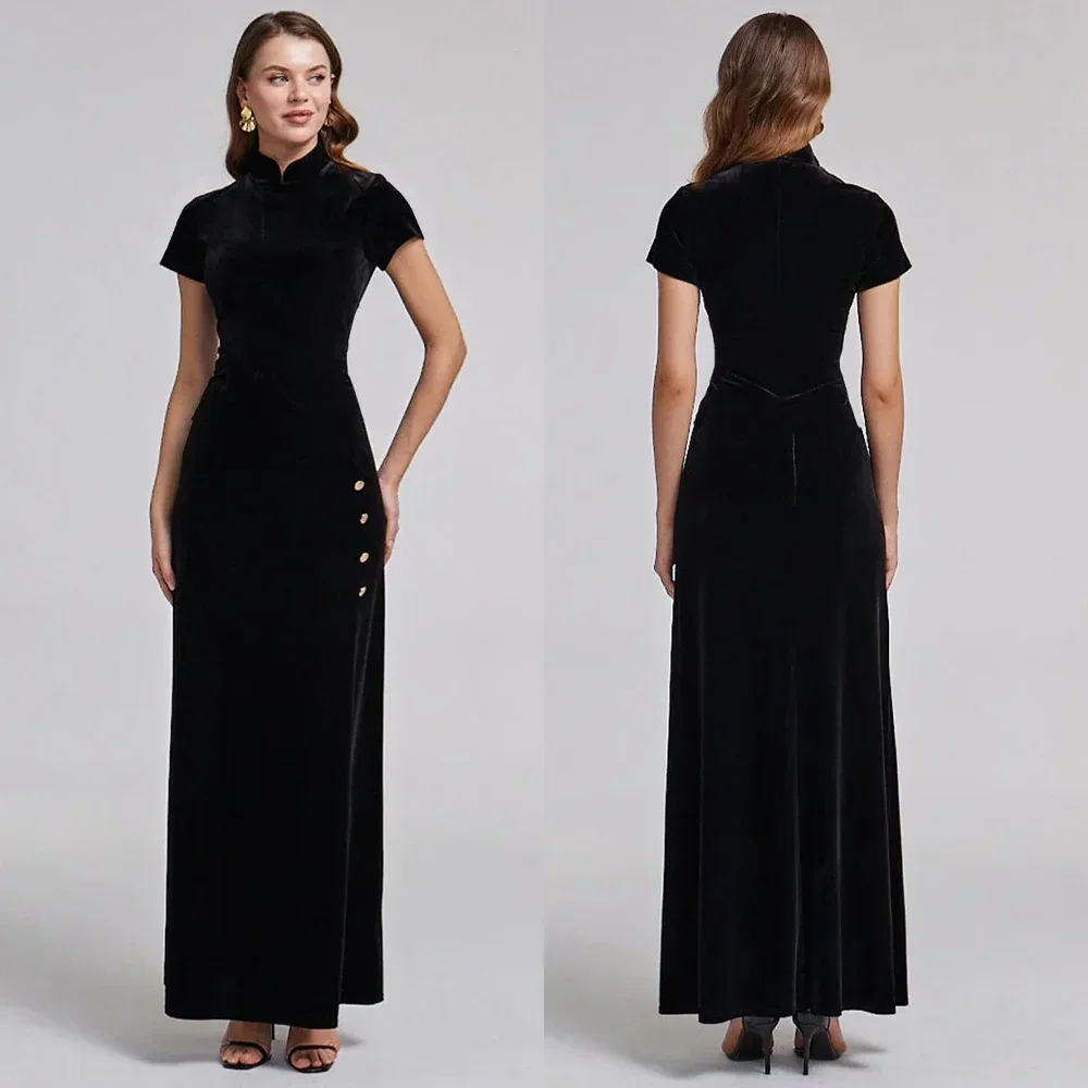 

Customized Short Sleeve Velvet Maxi Dress A-Line Evening Dresses Prom Gown Formal Exquisite High Quality Party Gowns for Women
