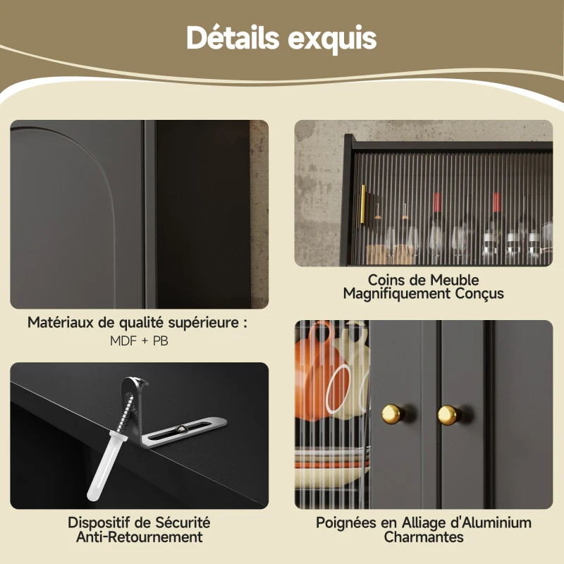 Armoire de cuisine, armoire haute, vitrine, buffet avec étagères réglables, armoire de salle à manger avec 2 tiroirs, buffet avec éclairage LED, couleurs de lumière variables, noir