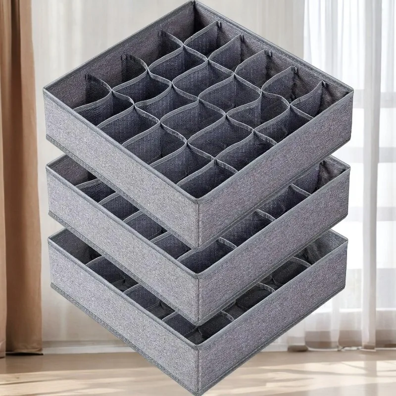 

3 Pack Gray Sock Underwear Organizer Dividers 64 Cell Fabric Foldable Cabinet Closet Organizers Boxes for Storing Socks Socks