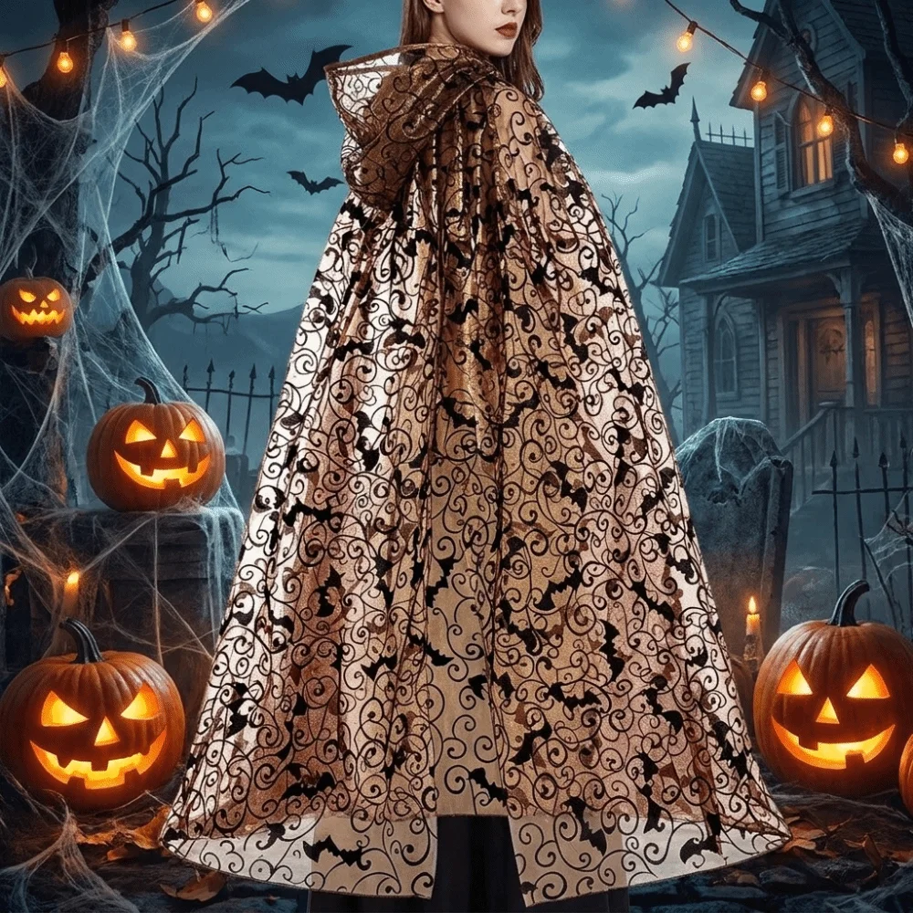 Witch Cosplay Lightweight Halloween Hooded Cape Semi-transparent Bat Spider Web Mesh Cardigan Creative Black Long Cloak Event