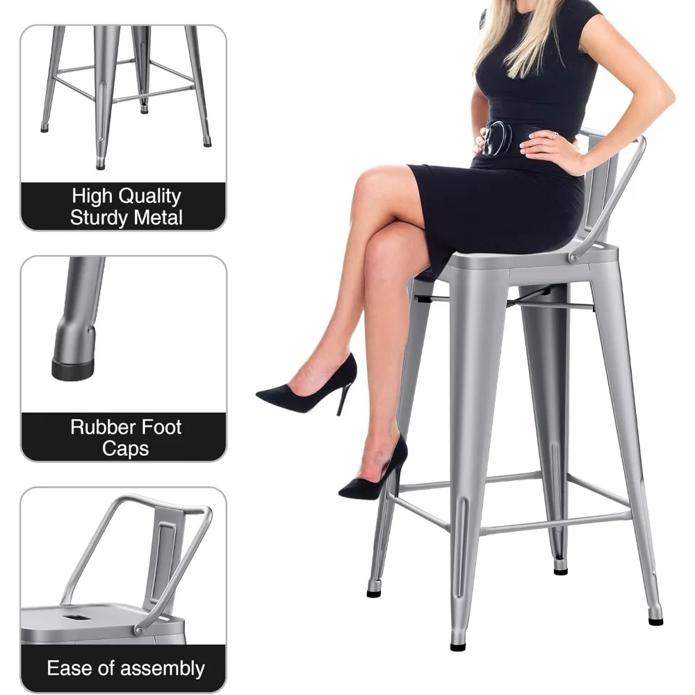 مجموعة مقاعد بار معدنية فضية داخلية/خارجية مكونة من 4 قطع، كراسي ذات ارتفاع مضاد للحانات وجزر المطبخ #4