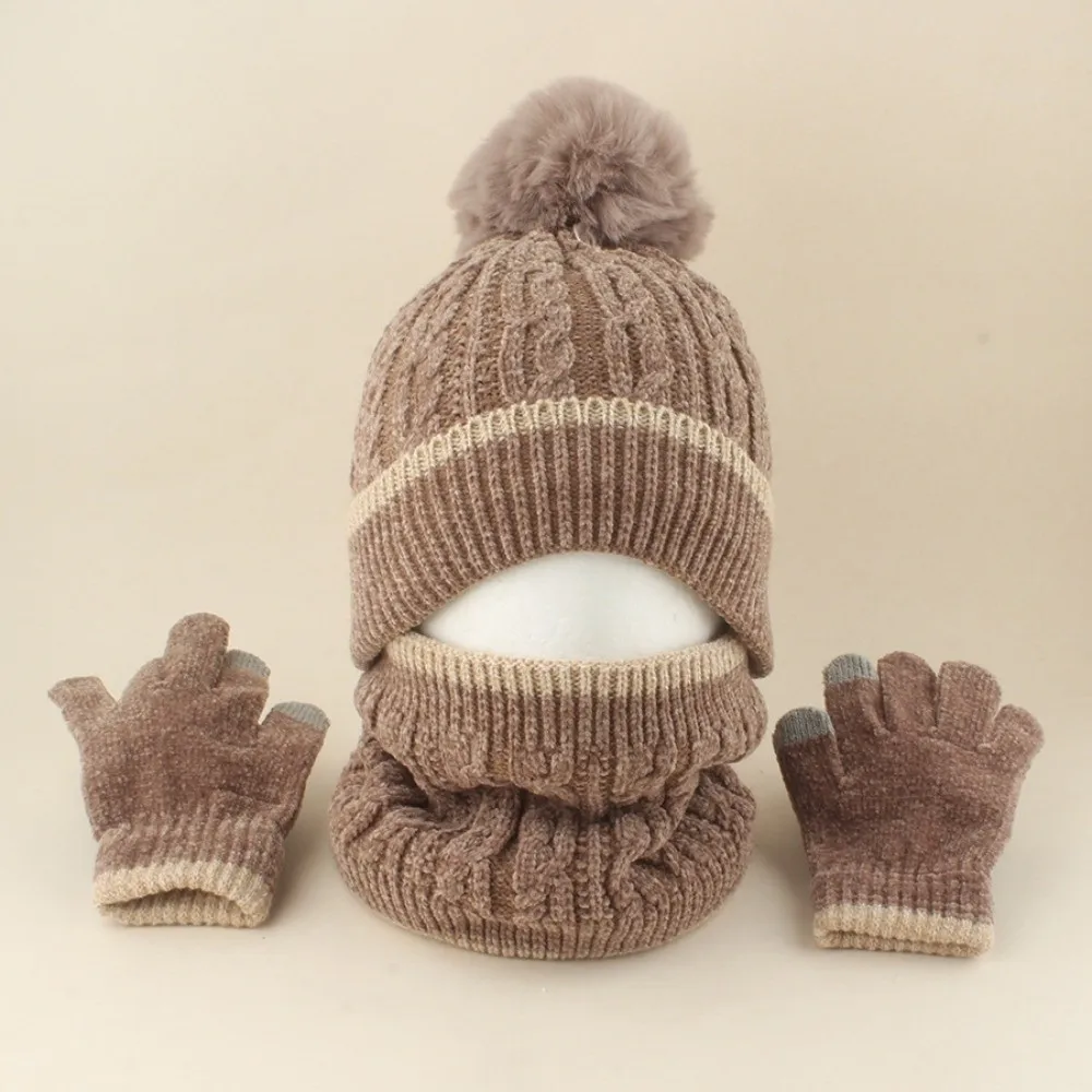 Stylish Thicken Knitted Hat Set Knitted Winter Hat Scarf Gloves Windproof Three Piece Set Toddler Winter Hat Winter Season