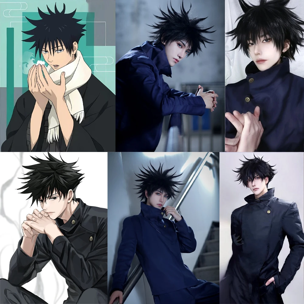 عالية الجودة أنيمي Jujutsu Kaisen Fushiguro Megumi تأثيري الشعر الاصطناعية 14 بوصة أسود قصير الشعر رقيق شعر مستعار مقاومة للحرارة