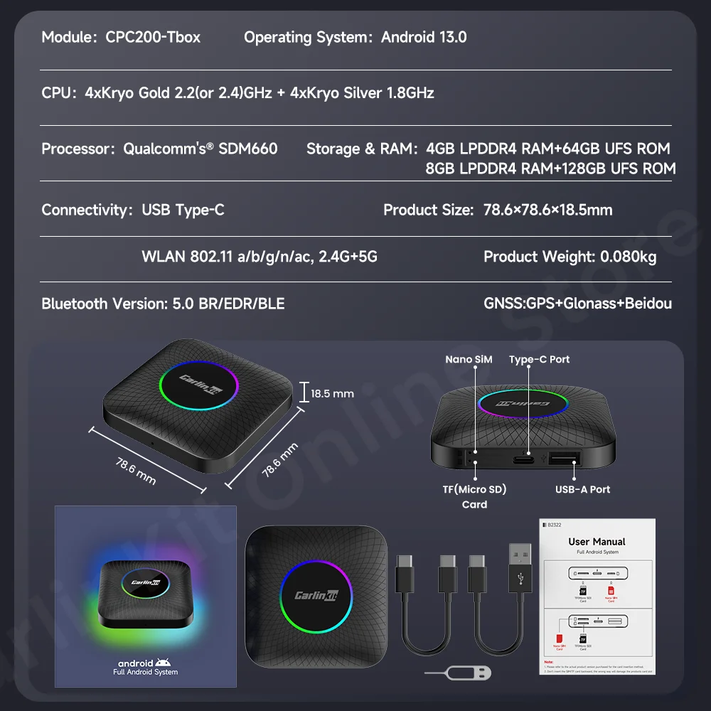 Carlinkit SDMcondeded Tv Box Android 13 Qualcomm 8 Core Android Auto CarPlay Adaptateur sans fil Prise en charge du port de USB-A vidéo en ligne Youtube