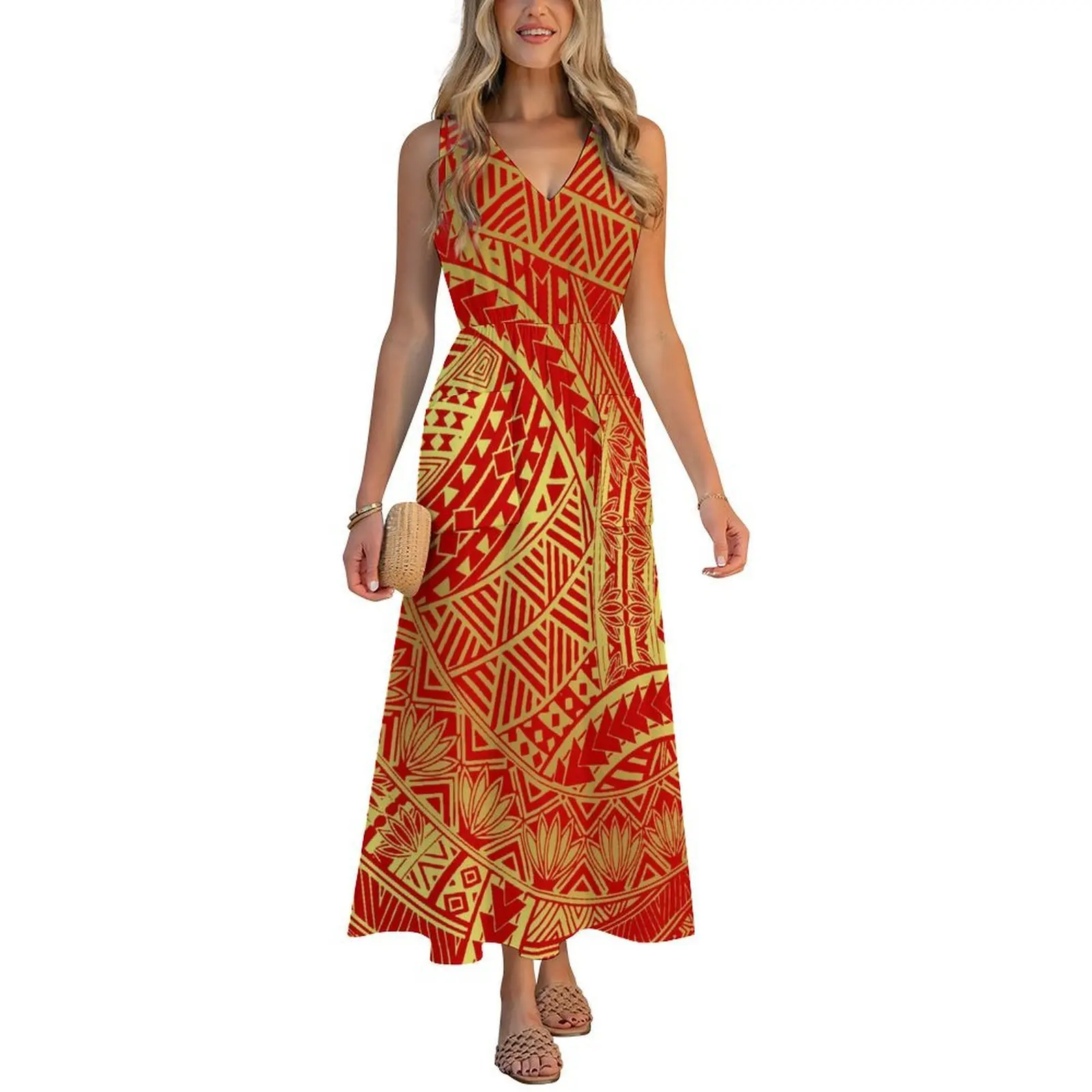 

Customized Dress Pattern V-Neck Floral Print Samoa-Shaped Waistcoat With A Bag On The Back Women'S Loose And Elegant Long Dress