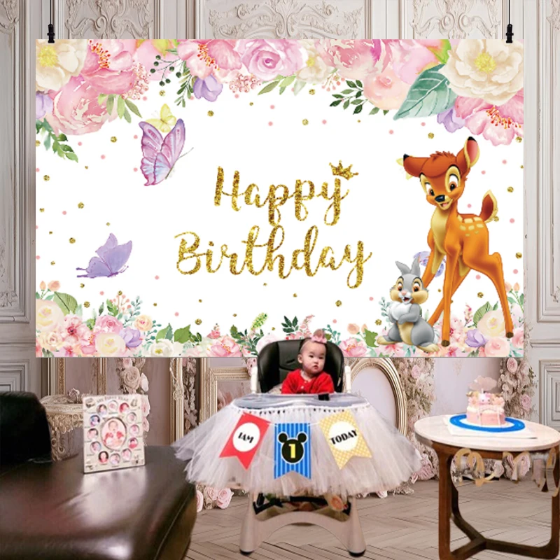 Disney Bambi & Thumper Photo Backdrop Pink Flowers Butterfly Photography Background For Girls Happy Birthday Party Banner Decor