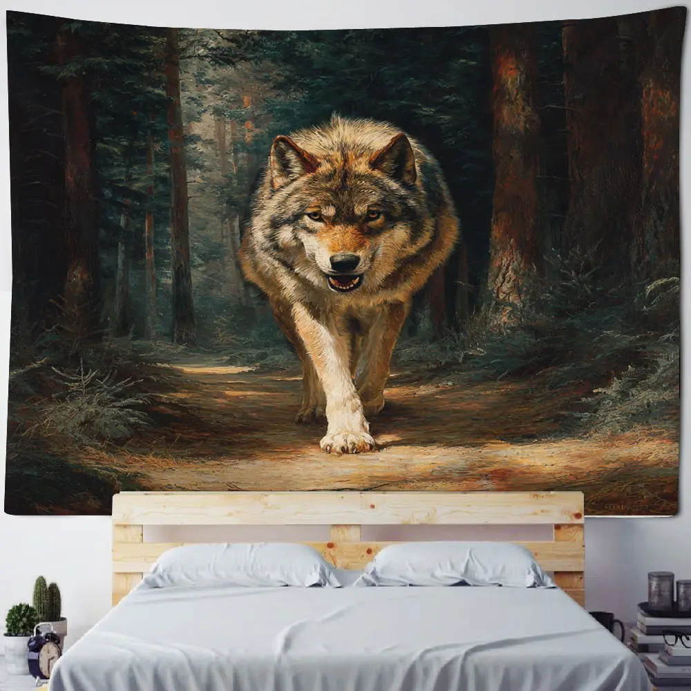 Dreamy Forest Wolf Under the Moonlight, Wolves Standing on the mountaintop Patrol Territory Background Decoration Tapestry