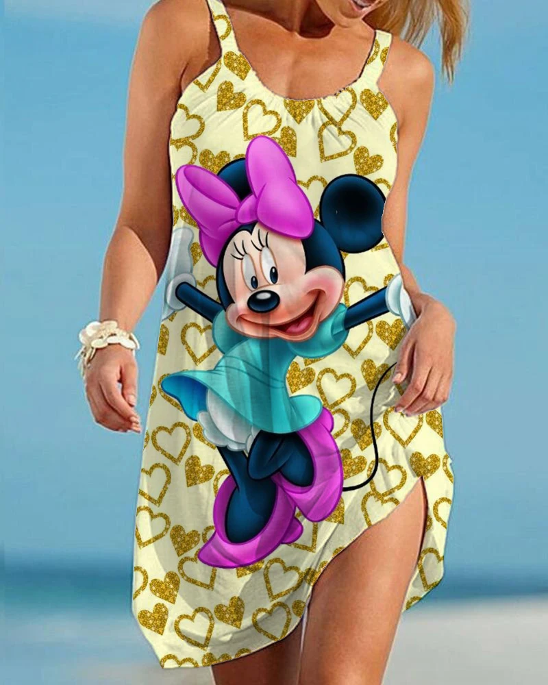 Vestido bohemio con estampado de dibujos animados de Minnie de Disney para mujer, vestidos sin mangas con cuello en V a la moda, vestido de playa suelto con dobladillo de verano, vestido elegante