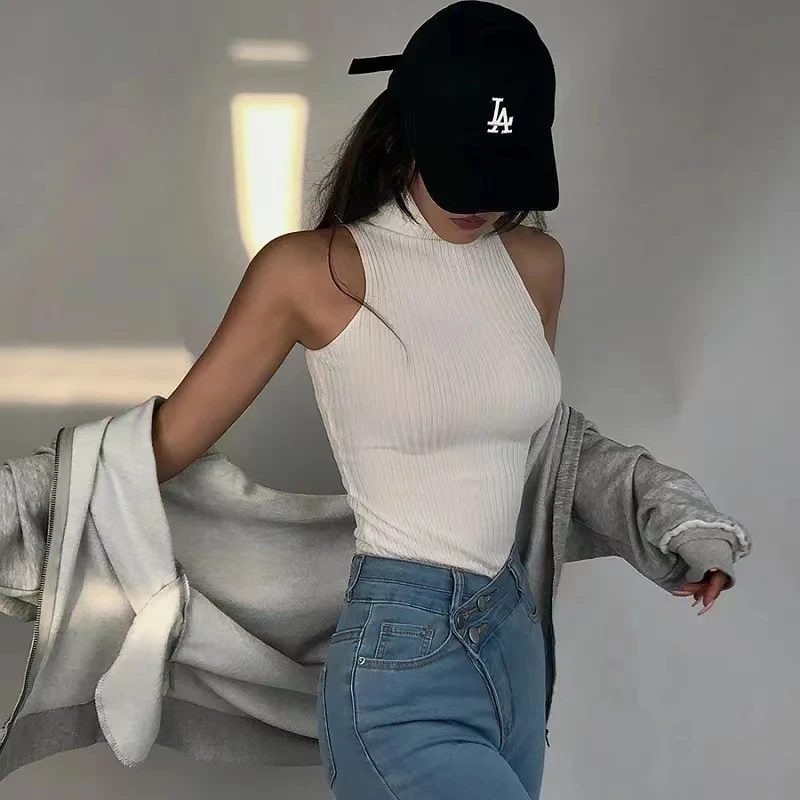 HELIAR Women Black Off Shoulder Tank Tops Turtleneck Y2K Tops Women 2023 Summer Knitted Tees Hot Skinny Round Neck Solid Cloth