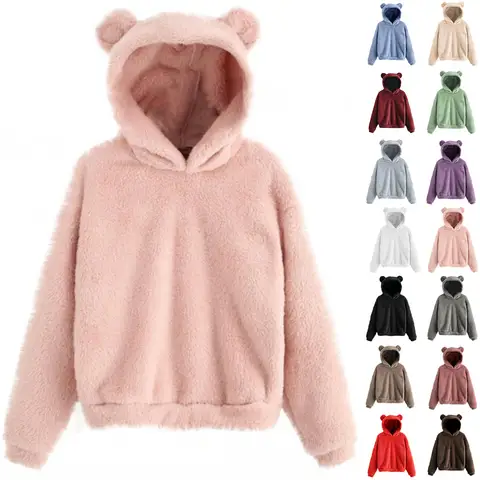 Autumn Women's Hoodies Long Sleeve Bear Ear Hood Sweatshirt Cute Plush Warm Casual Hoodie Tops Fleece Hooded Pullovers
